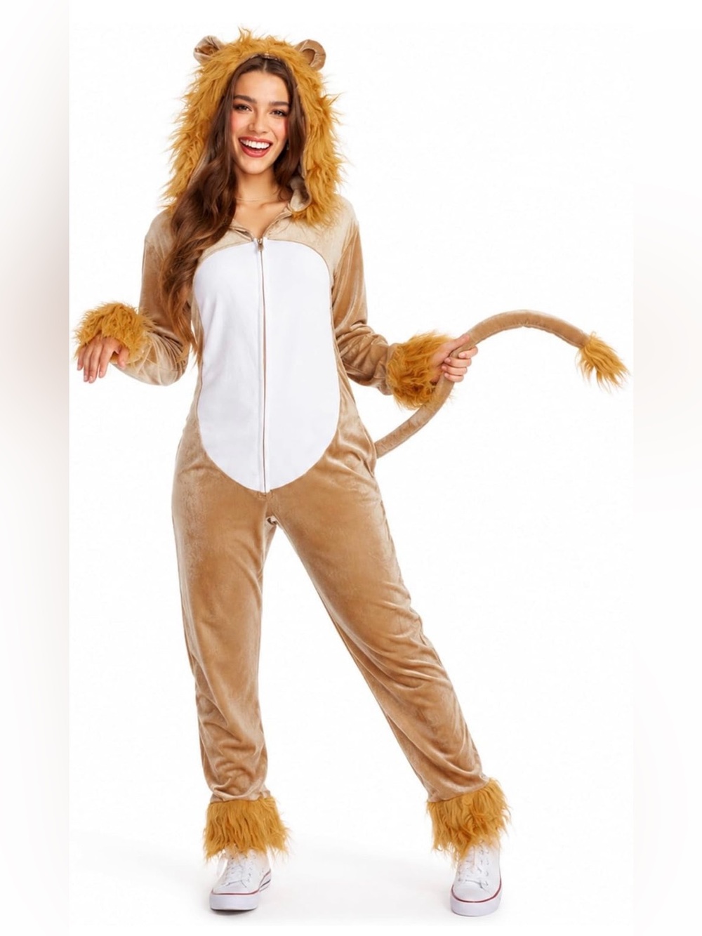 Tipsy Elves NWT Lion One-Piece Hooded Jumpsuit Zip Up Pockets Brown/White 2XL